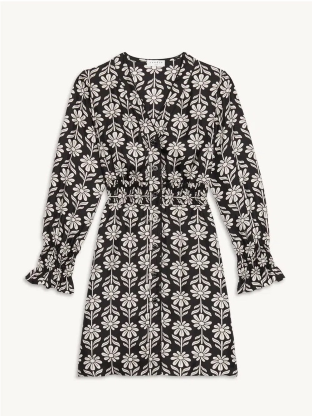 NWOT Sandro Silk Dress with White Floral Print and Smocked Waist